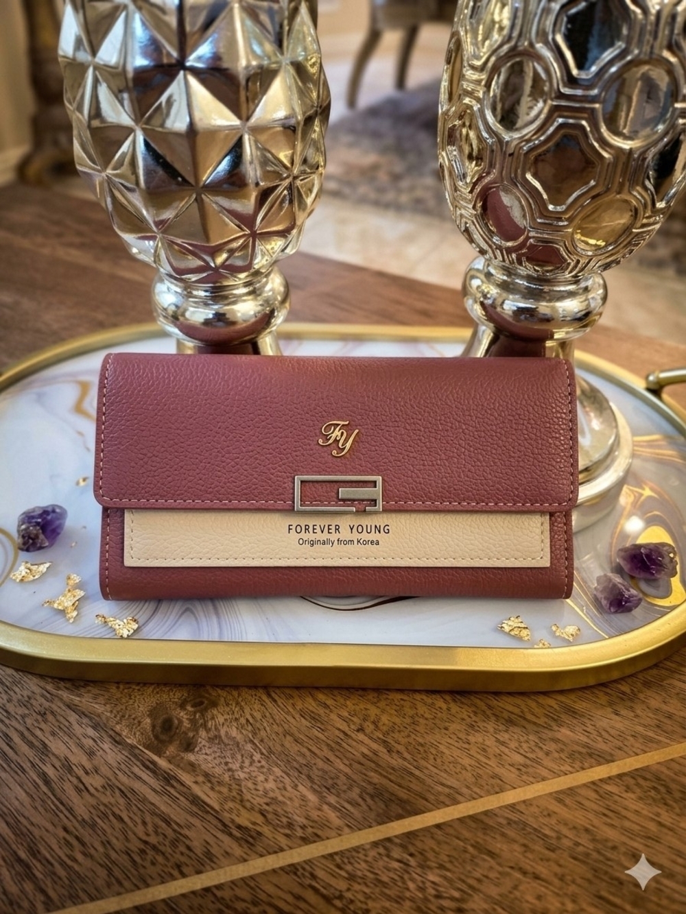 Forever Young Burgundy and Cream Flap Wallet with Gold Hardware